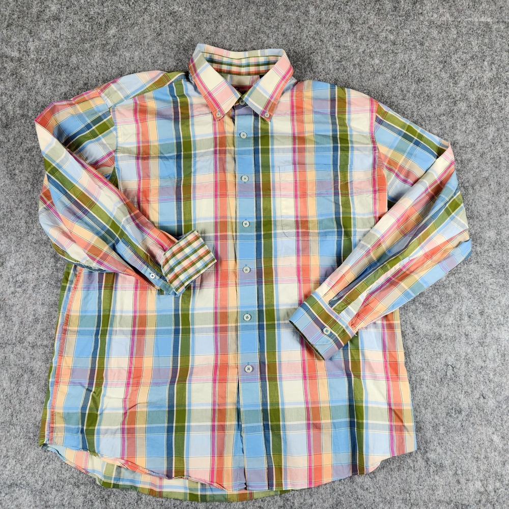 Alan Flusser Shirt Men XL Blue Plaid Flip Cuff Madras LS Button Down Preppy